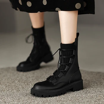 Ženske čizme od prave kože s cross uvezivanje na debelim petama, jesensko-zimski ženske cipele u stilu punk, Strme Moto Čizme
