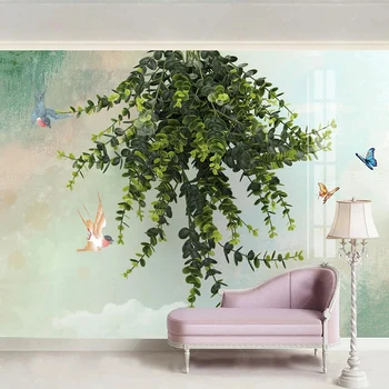 Izrađen Po Mjeri 3D Freska Svijetlo Zelene Svježe Lišće Biljke, Cvijeće I Ptice Pozadina Za Dnevni boravak Kauč Zidni Ukras obloge