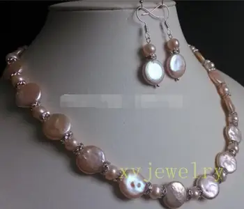 Prodaja nakita>>> Lijepa культивированная pink novčić biserna ogrlica 17 inča i niz visećih naušnica