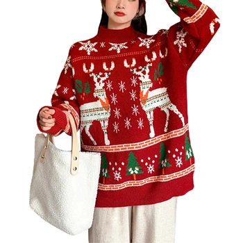 Moda 2021, Ženski Božićni Pulover S Zabavnim Po Cijeloj Površini Jelena, Majice S Dugim Rukavima, Božićno Majica Sa Imitacija Vrata, Zimske Veste Božić