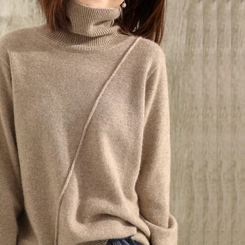 Ženski pulover s visokim ovratnikom, slobodan pletene džemper s шерстяным низом, jakna s prorezom, trendi ženski vrlo debeo džemper kašmir