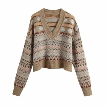 Novi pletene džemper kaki s Geometrijskim V-izrez, Ženski Casual ženski Pulover u Kavez, Veste Ženski Jesensko-Zimskom Retro-Skakač