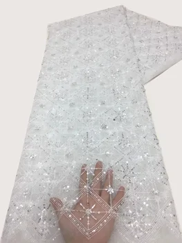 (5 metara/kom) Najnoviji bijela afrika čipka cvjetne čipke vezene šljokicama kuglice Francuski neto cvjetne čipke tkanina za večernje haljine FZX061
