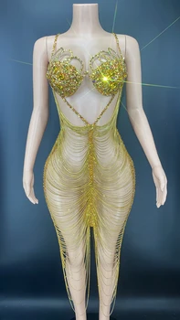 Zlatni Kristali Lanca Odijelo Odijelo Šuplje Rhinestones Haljinu Večer Rođendan Vjenčanje Maturalnu Večer Pjevačica Odijevanje 1