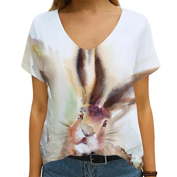 Ljetna nova ženska majica s V-izrez i kratkim rukavima u obliku ovce, zečevi, ljubimci, 3D ispis, funky majica veličine, slobodna gradska t-shirt 0