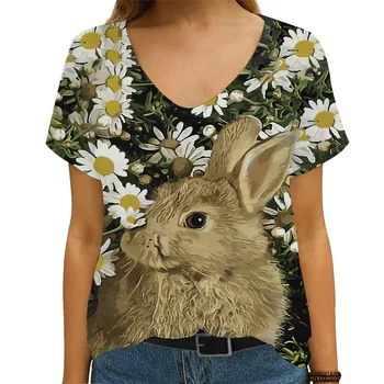 Ljetna nova ženska majica s V-izrez i kratkim rukavima u obliku ovce, zečevi, ljubimci, 3D ispis, funky majica veličine, slobodna gradska t-shirt 1