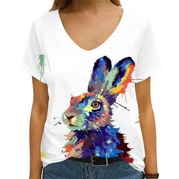 Ljetna nova ženska majica s V-izrez i kratkim rukavima u obliku ovce, zečevi, ljubimci, 3D ispis, funky majica veličine, slobodna gradska t-shirt 2