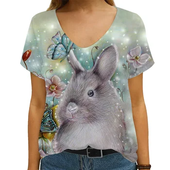 Ljetna nova ženska majica s V-izrez i kratkim rukavima u obliku ovce, zečevi, ljubimci, 3D ispis, funky majica veličine, slobodna gradska t-shirt 3