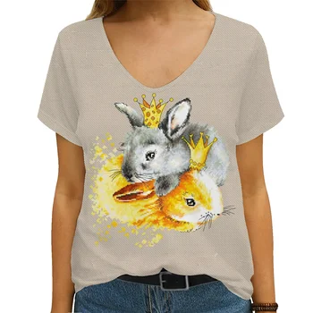 Ljetna nova ženska majica s V-izrez i kratkim rukavima u obliku ovce, zečevi, ljubimci, 3D ispis, funky majica veličine, slobodna gradska t-shirt 4