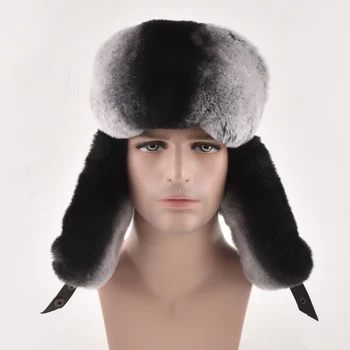 Ruska Krzno kapa, Toplo jesensko-zimska kapa sa prirodnim krznom od zeca rex i kože, luksuzna muška kapa-бомбер
