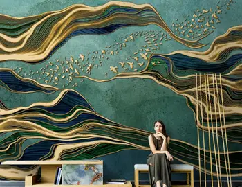 Običaj 3d desktop freske novi kineski svjetlo luksuzni apstraktne linije planine i ptice pozadina zida papel de parede